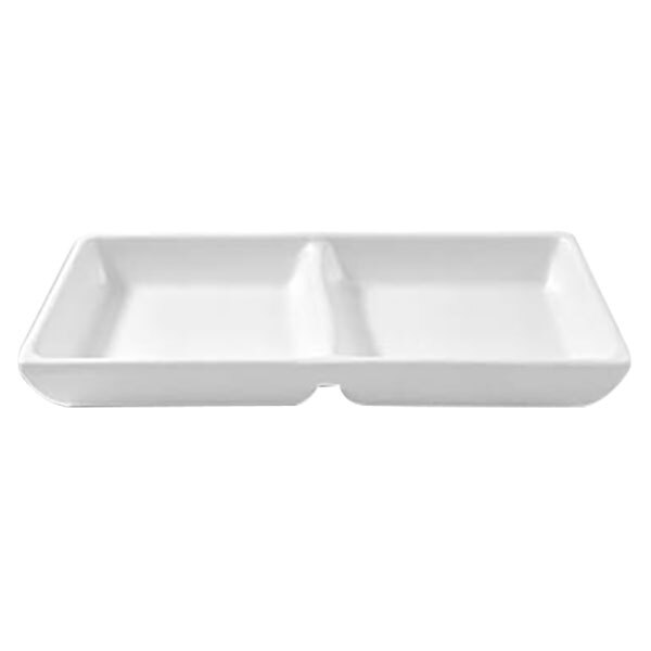 A white rectangular Elite Global Solutions sauce dish with two compartments.