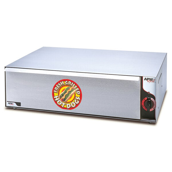 A stainless steel APW Wyott Hot Dog Bun Warmer on a counter with a logo on it.