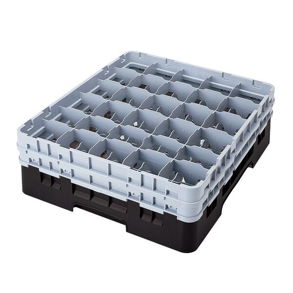 A black plastic Cambro glass rack with 30 compartments.