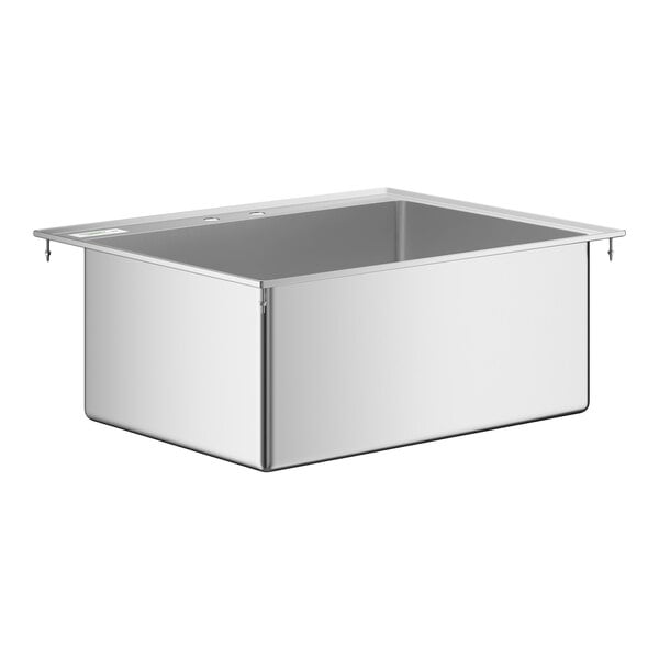 A stainless steel drop-in sink with one rectangular compartment.