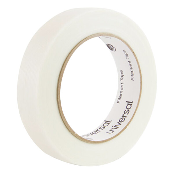 A roll of Universal clear utility grade filament tape with a white label.