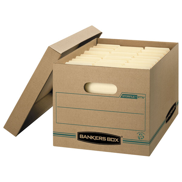 A Bankers Box Stor/File storage box with files inside.