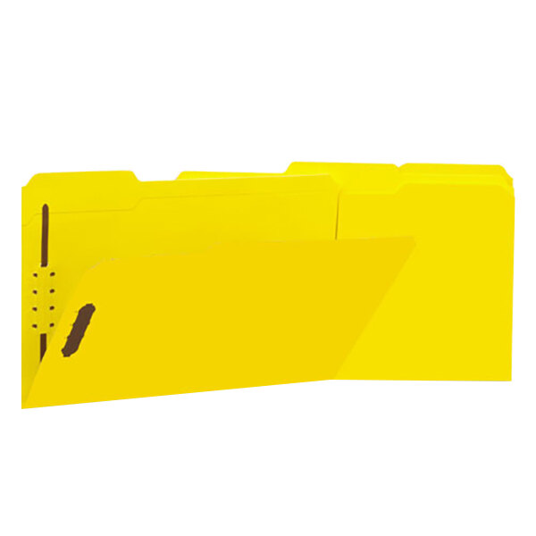 A yellow Universal legal size folder with 2 fasteners and a reinforced 1/3 cut tab.
