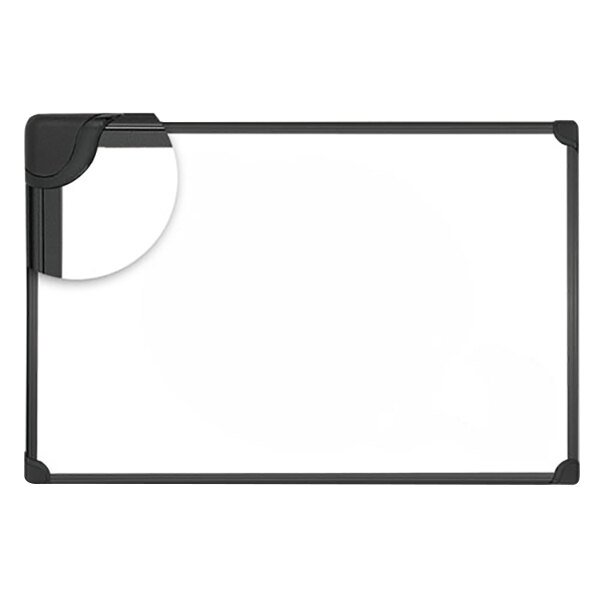 A whiteboard with a black frame.