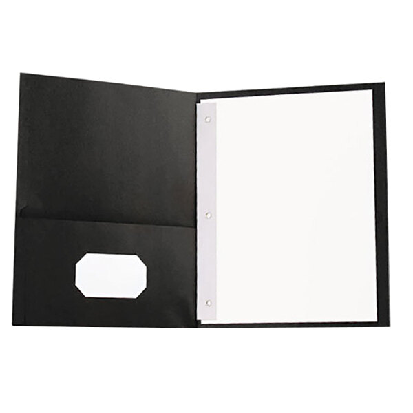 A black Universal paper pocket folder with tang fasteners containing white paper.
