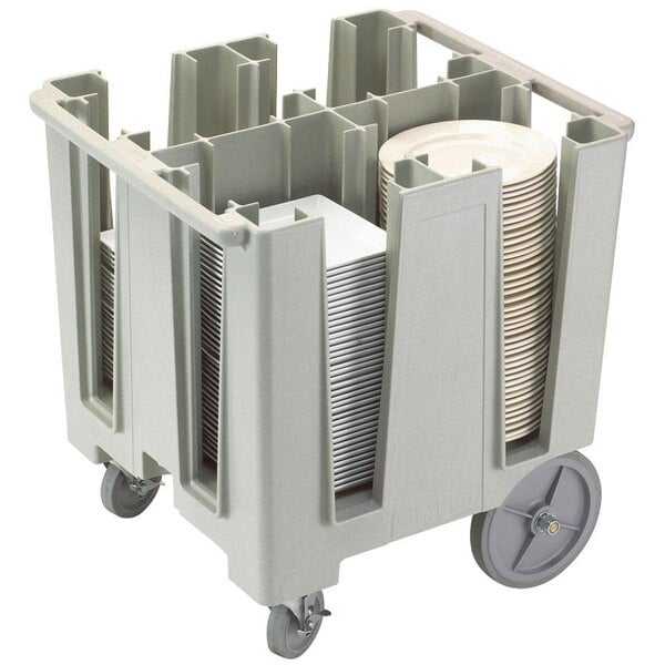 A gray Cambro dish caddy with plates in it.