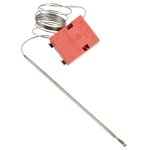 A close-up of an Avantco Electric Convection Oven thermostat with a red wire and metal rod attached.