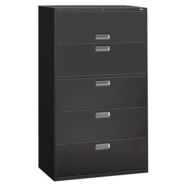 A charcoal HON metal lateral file cabinet with five drawers and silver handles.