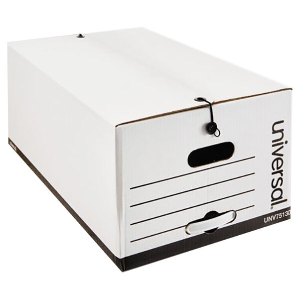 A white Universal economy legal sized storage box with black tie closure strings.