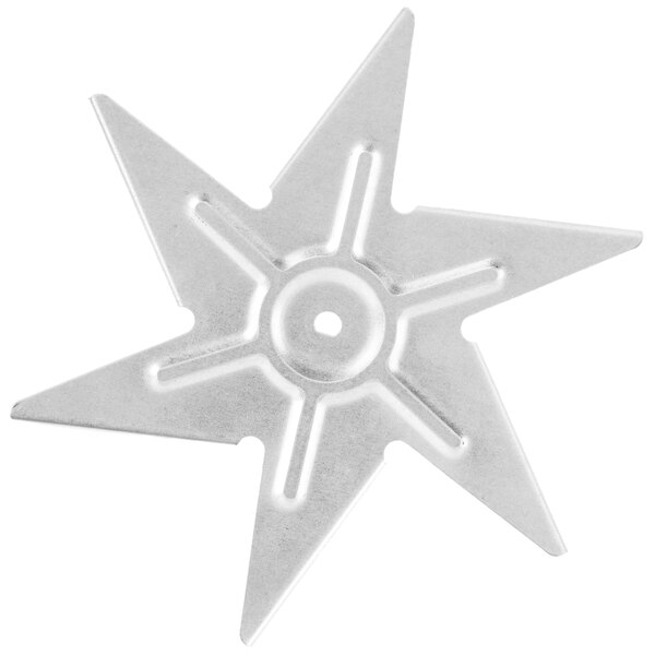 A silver star shaped fan blade with a hole in the center.