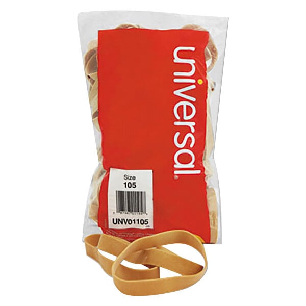 A bag of pasta with a beige Universal rubber band around it.