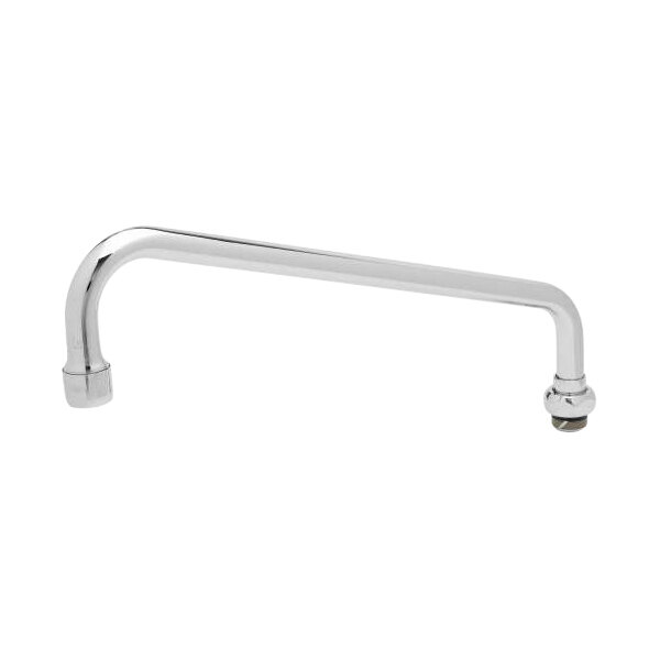 A T&S chrome faucet nozzle with a swing arm and white metal bar.