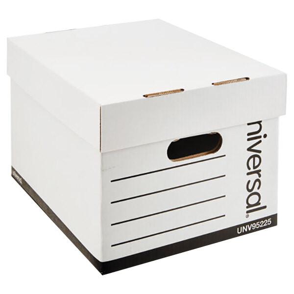 A white Universal extra-strength storage box with a lift-off lid.
