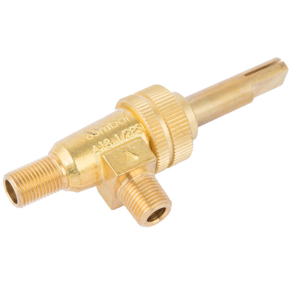 A brass Cooking Performance Group pilot adjustment valve with a gold colored metal handle.