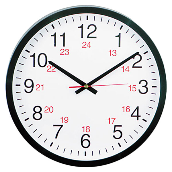 A black wall clock with white numbers and hands.