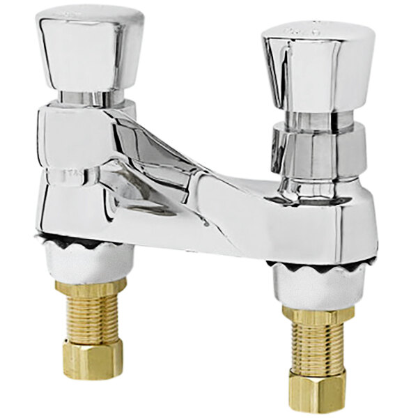 A close-up of a T&S Deck Mounted Metering Faucet with two handles.