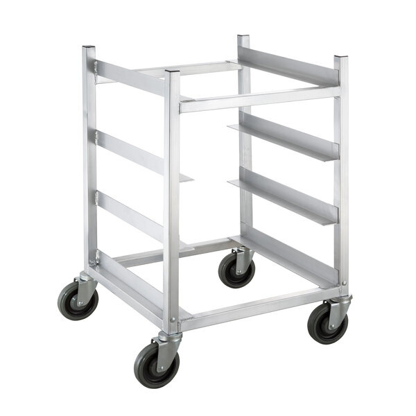 A silver metal Channel glass rack cart with four shelves on wheels.