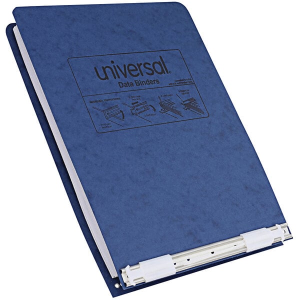 A blue Universal top bound hanging data post binder with white plastic clips.