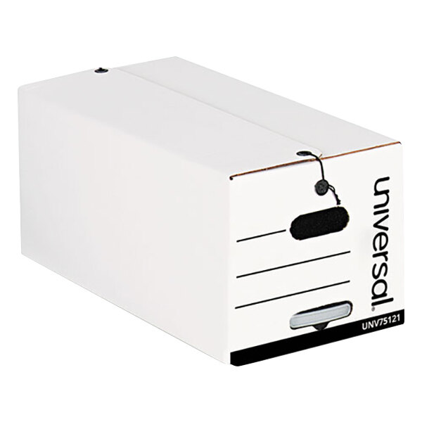 A white Universal Fiberboard letter file storage box with a black string and button closure.