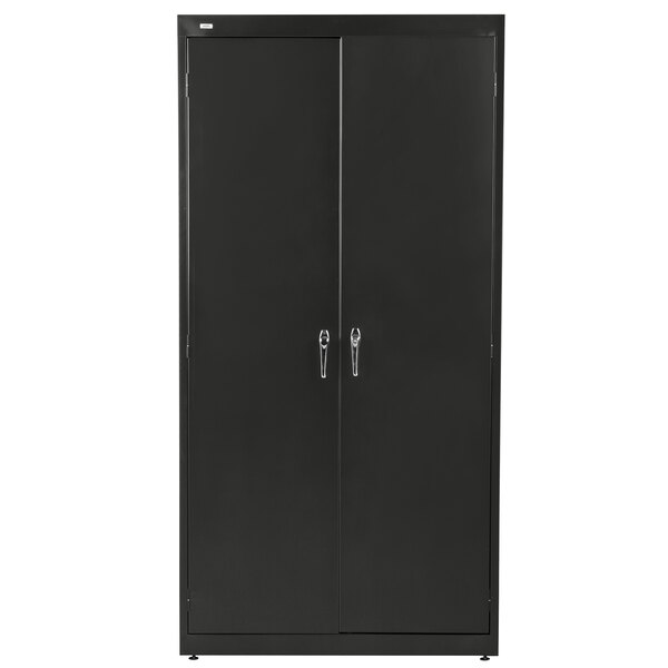 A black steel HON storage cabinet with silver handles on the doors.