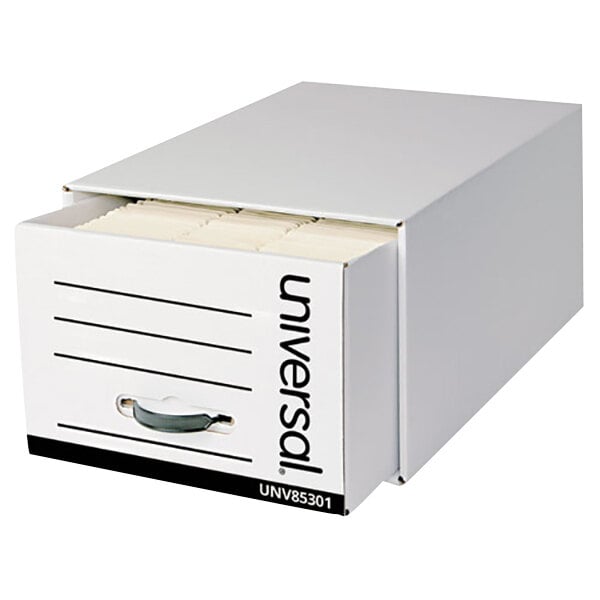 A white Universal legal file storage drawer with a drawer.