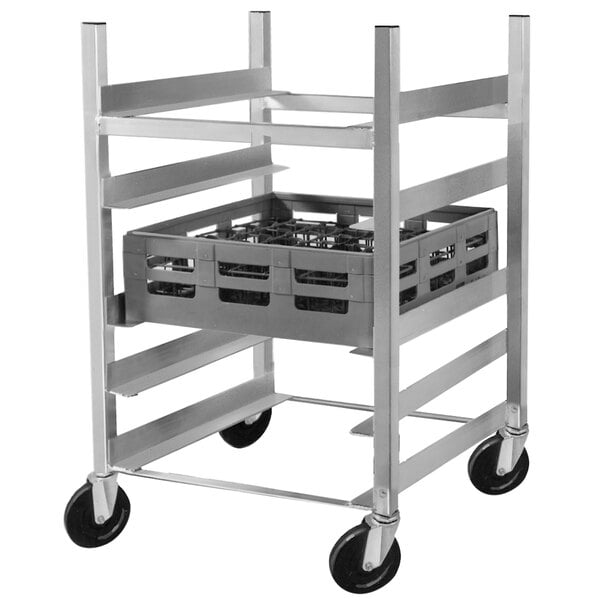 A metal Channel glass rack cart with shelves.