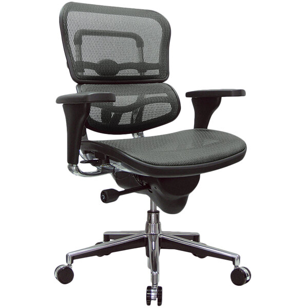 A grey Eurotech Ergohuman office chair with mesh back and arms.