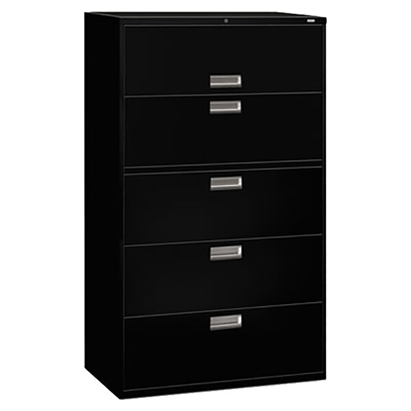 A black HON metal lateral file cabinet with five drawers and silver handles.