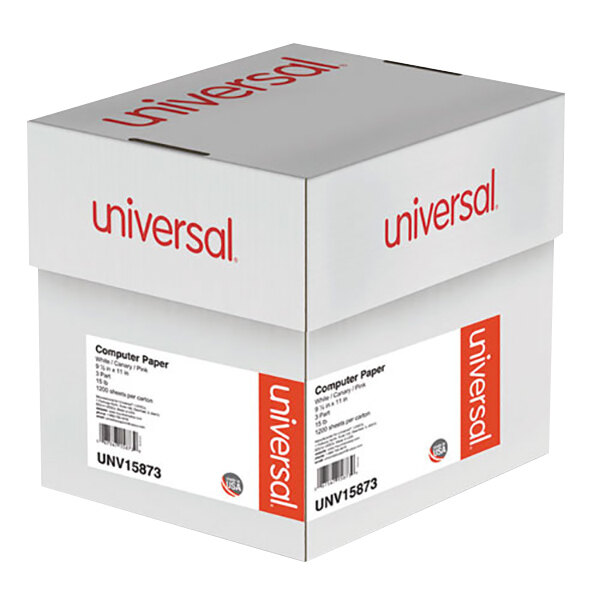 A white Universal box of 1200 sheets of multicolor 3 part perforated continuous print computer paper.