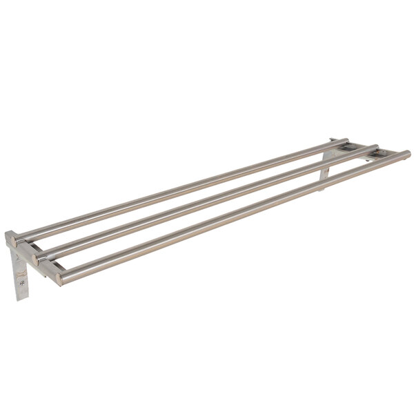 A stainless steel tubular tray slide with three metal bars.