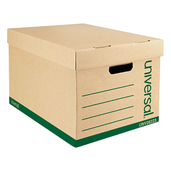 A brown Universal standard-duty cardboard file storage box with green writing on it.