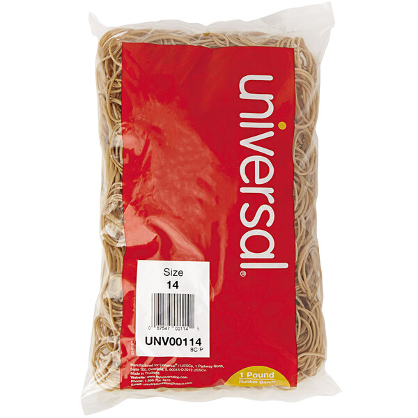 A red and white bag of Universal beige rubber bands.