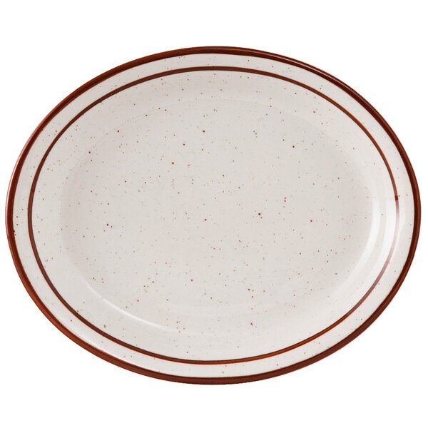 A white Tuxton china platter with a brown speckled rim.