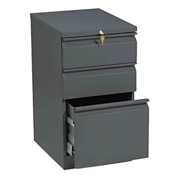 A charcoal HON file cabinet with one file drawer and two box drawers.