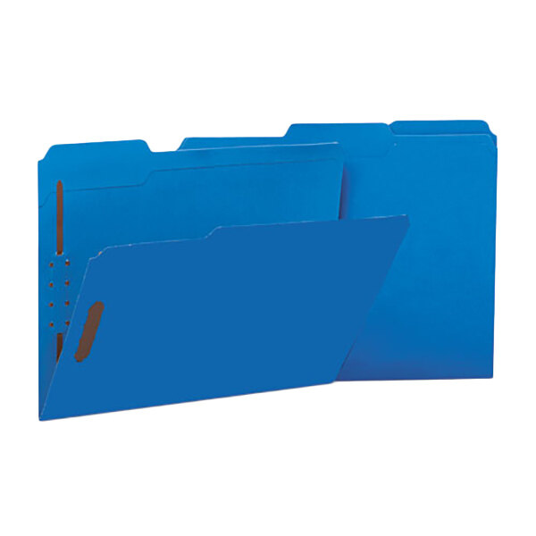A close-up of a blue Universal letter-size fastener folder with 2 fasteners and reinforced 1/3 cut assorted tabs.