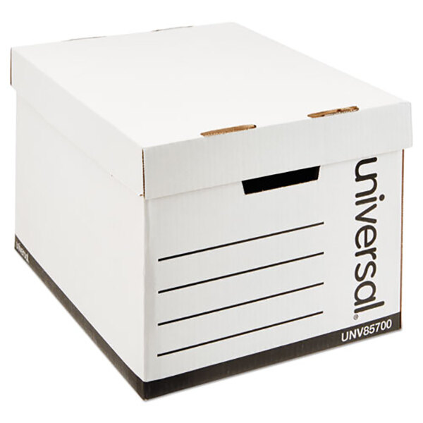 A white Universal letter/legal file storage box with a brown lid and black text.