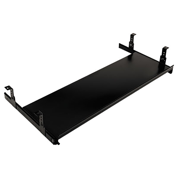 A black rectangular shelf with metal brackets.
