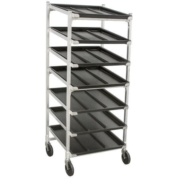 A black and silver metal DoughXpress dough ball cart with tubs on six shelves.