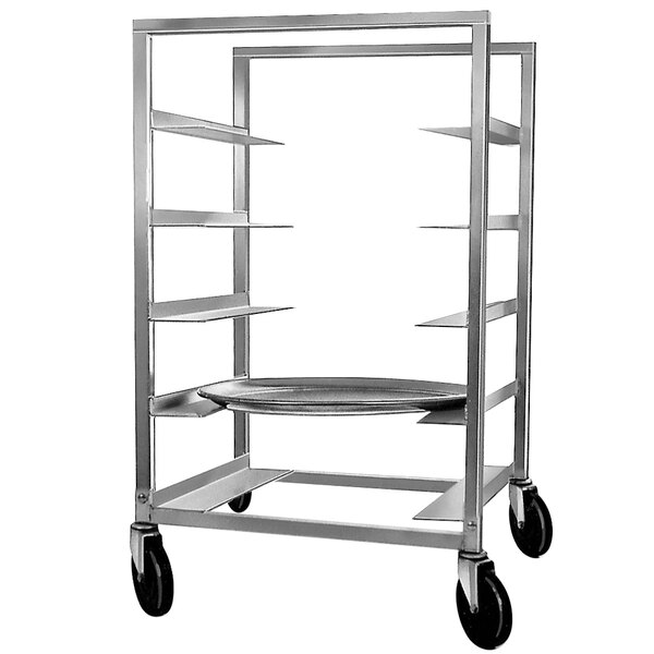 A Channel aluminum sheet pan rack with shelves on wheels.