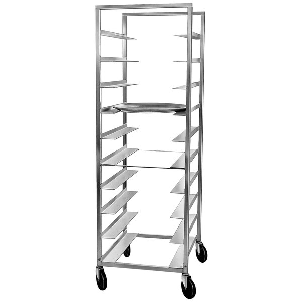 A Channel aluminum sheet pan rack on wheels with 10 oval tray shelves.