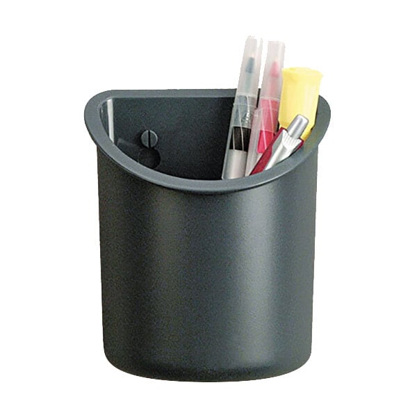A black plastic cup with pens in it.