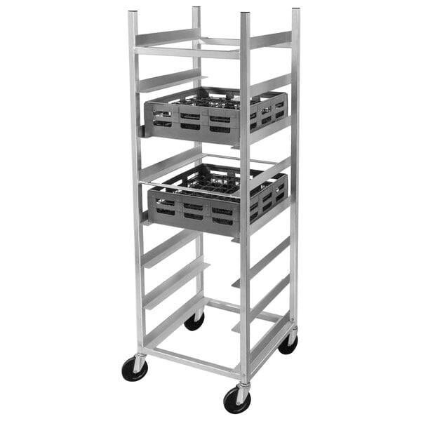 A metal cart with Channel glass racks on it.