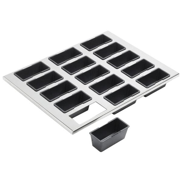 A silver tray with black plastic Exoglass molds inside.