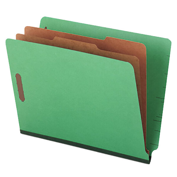 A close-up of a green Universal letter size classification folder with brown dividers.