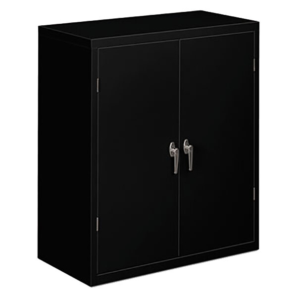 A black Hon storage cabinet with silver handles on the doors.