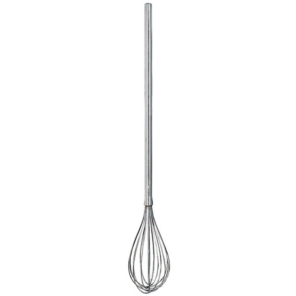 A Matfer Bourgeat giant stainless steel piano whisk with a handle on a white background.