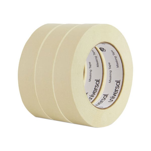 A roll of Universal masking tape with a beige label and black text.
