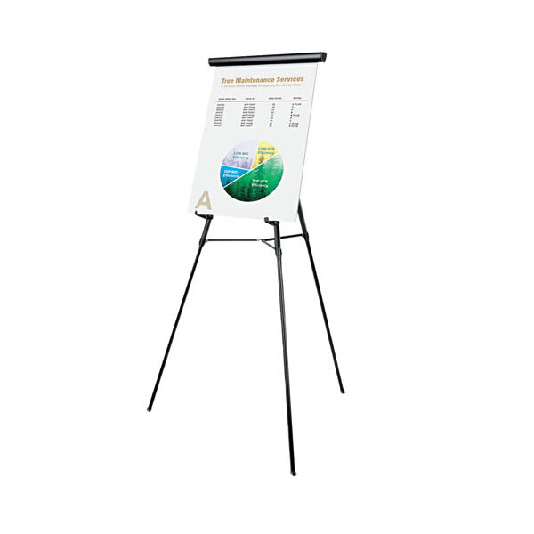 A black Universal aluminum easel with a white board and a pie chart on it.