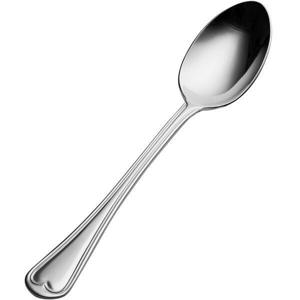 A close-up of a Bon Chef Victoria stainless steel serving spoon with a silver handle and spoon.