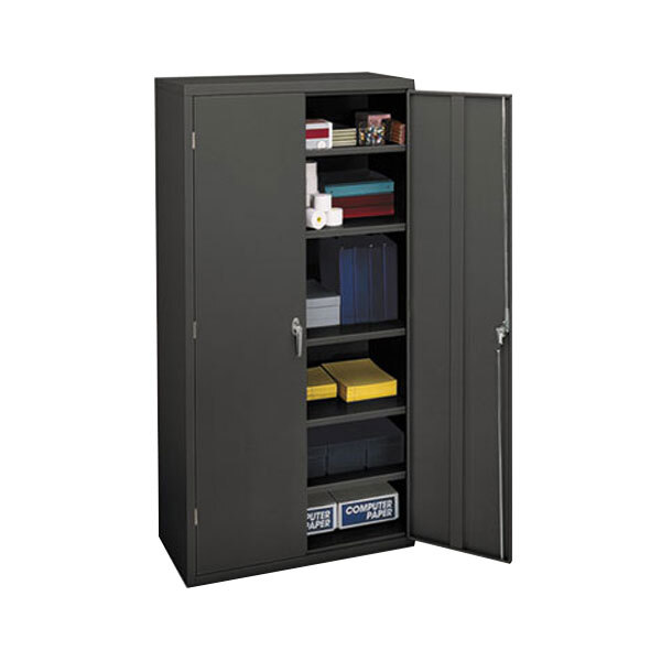 A black metal Hon storage cabinet with shelves.